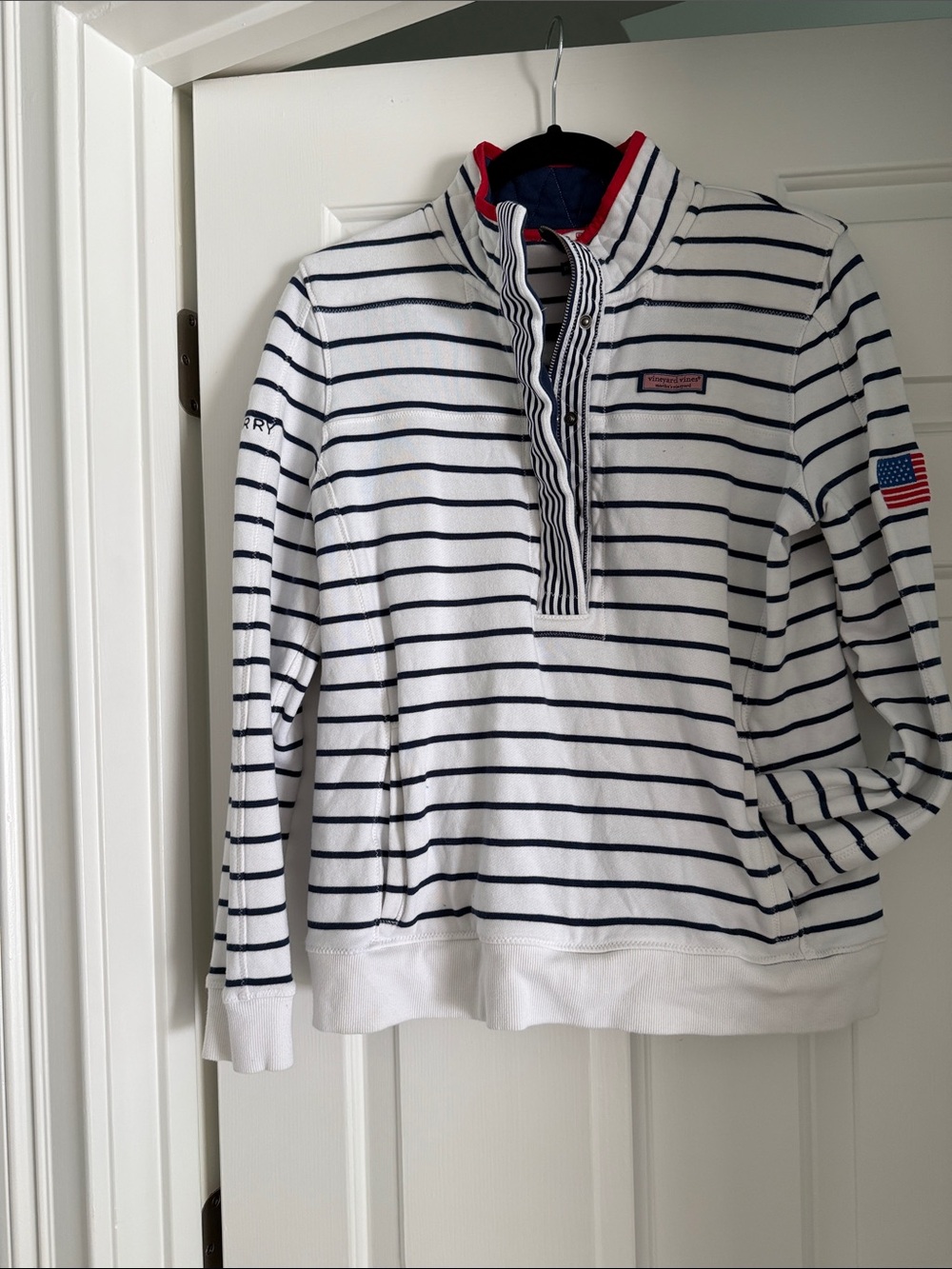 Vineyard Vines White Navy Striped Half-Zip Pullover with Red Trim